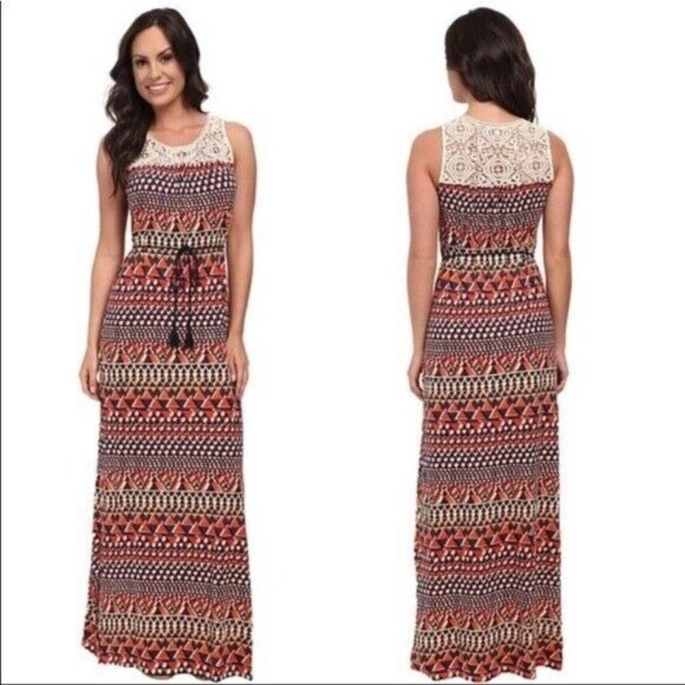Lucky Brand Geometric Print Crochet Maxi Dress - Size XS